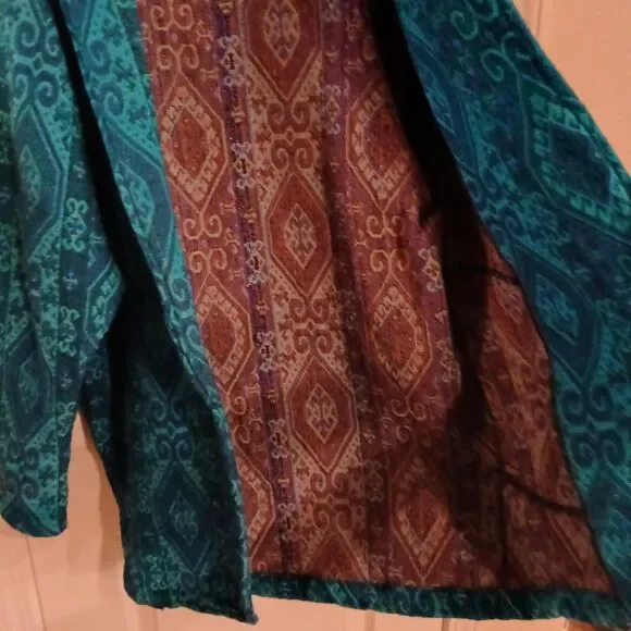 Vintage Teal Jaccard Weave Boho Hippie Tapestry Jacket Made in Turkey